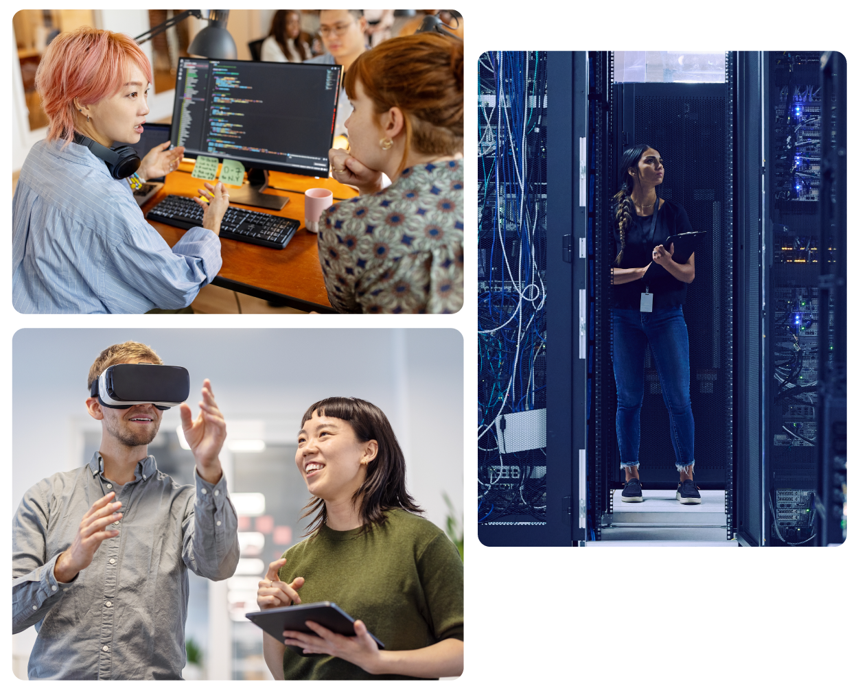 A collage of people coding, working with a VR headset, and reviewing computers in a data center.