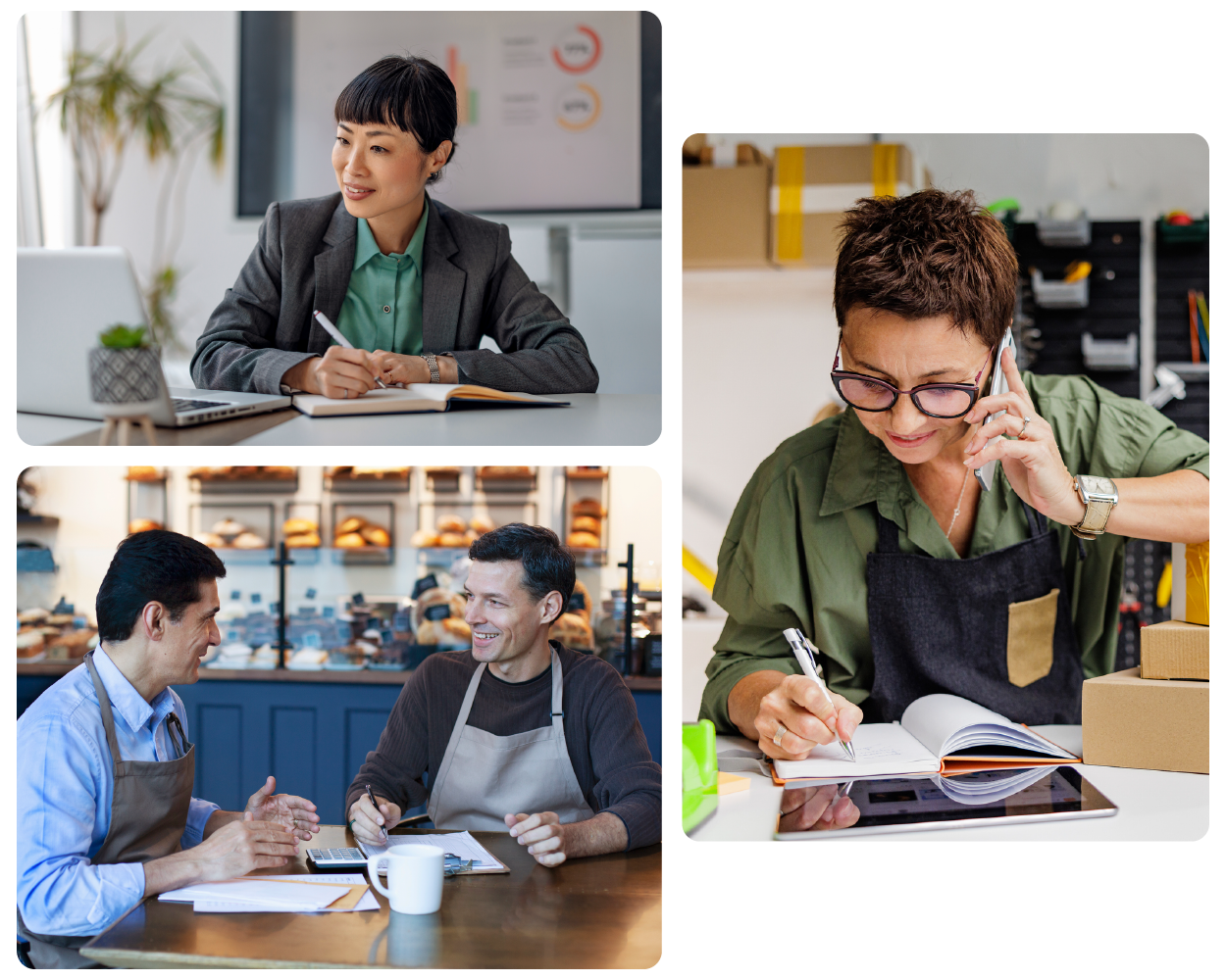 A collage showing a variety of people working at different small businesses