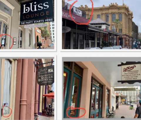 Businesses in the Strand Historic District in Galveston, Texas advertise "help wanted" and hiring signs. 